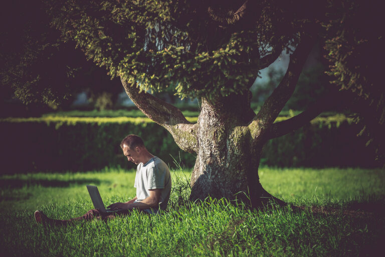 Wifi op de Camping - man op laptop onder boom